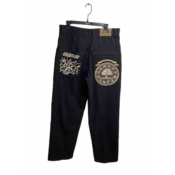 Vintage Raw Blue Jeans Black Denim Baggy Y2K Zodiac Grunge Rap Embroidered 34/34 - Picture 2 of 9